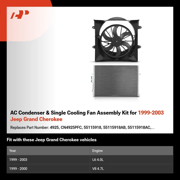 AC Condenser & Single Cooling Fan Assembly Kit for 1999-2003 Jeep Grand Cherokee