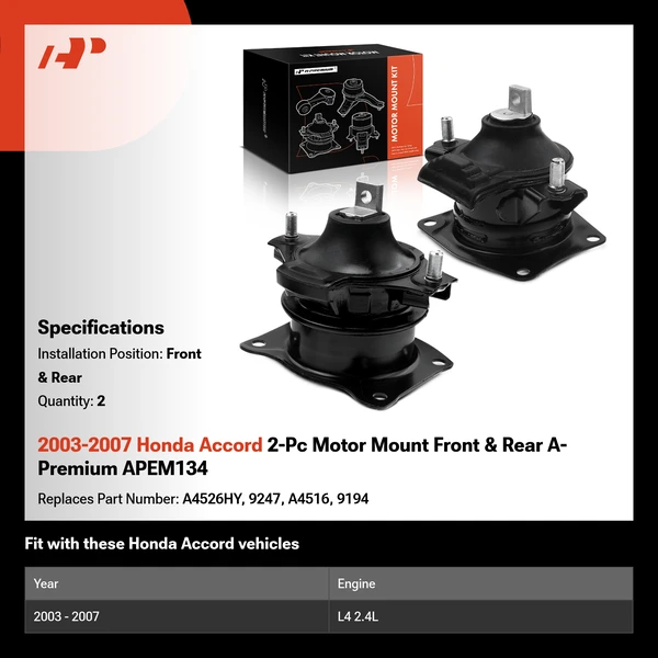 2003-2007 Honda Accord 2-Pc Motor Mount Front & Rear A-Premium APEM134