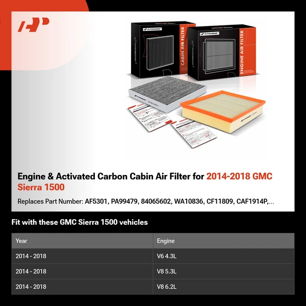 Engine & Activated Carbon Cabin Air Filter for 2014-2018 GMC Sierra 1500