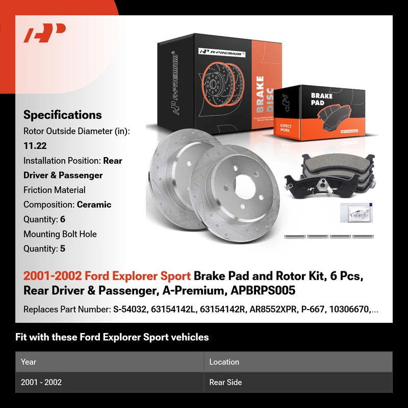 2001-2002 Ford Explorer Sport Brake Pad and Rotor Kit, 6 Pcs, Rear Driver & Passenger, A-Premium, APBRPS005