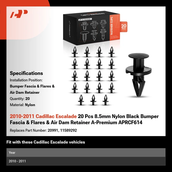 2010-2011 Cadillac Escalade 20 Pcs 8.5mm Nylon Black Bumper Fascia & Flares & Air Dam Retainer A-Premium APRCF614