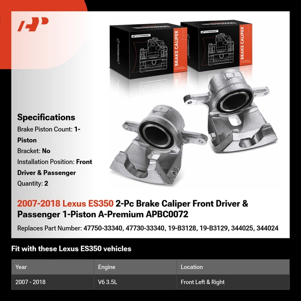 2007-2018 Lexus ES350 2-Pc Brake Caliper Front Driver & Passenger 1-Piston A-Premium APBC0072
