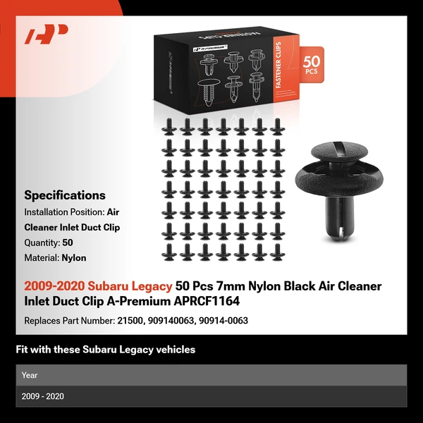 2009-2020 Subaru Legacy 50 Pcs 7mm Nylon Black Air Cleaner Inlet Duct Clip A-Premium APRCF1164