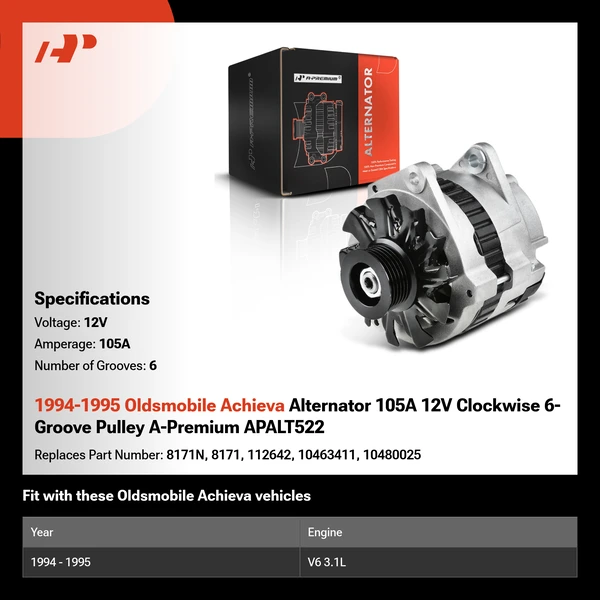 1994-1995 Oldsmobile Achieva Alternator 105A 12V Clockwise 6-Groove Pulley A-Premium APALT522
