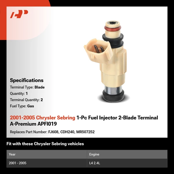 2001-2005 Chrysler Sebring 1-Pc Fuel Injector 2-Blade Terminal A-Premium APFI019