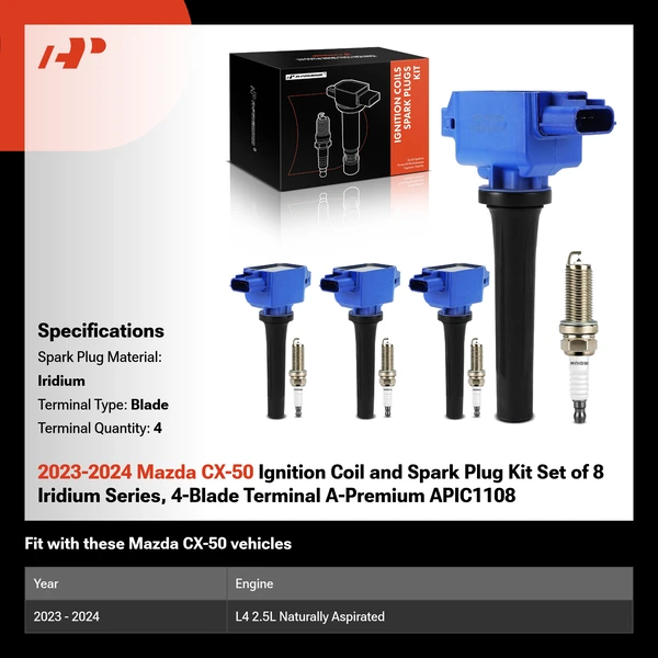 2023-2024 Mazda CX-50 Ignition Coil and Spark Plug Kit Set of 8 Iridium Series, 4-Blade Terminal A-Premium APIC1108