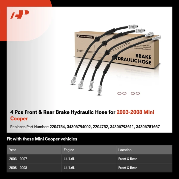4 Pcs Front & Rear Brake Hydraulic Hose for 2003-2008 Mini Cooper