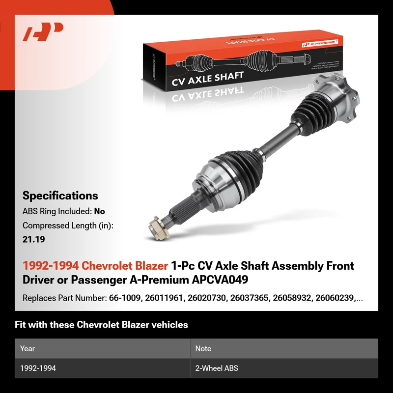 1992-1994 Chevrolet Blazer 1-Pc CV Axle Shaft Assembly Front Driver or Passenger A-Premium APCVA049