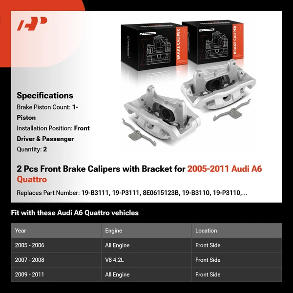 2 Pcs Front Brake Calipers with Bracket for 2005-2011 Audi A6 Quattro