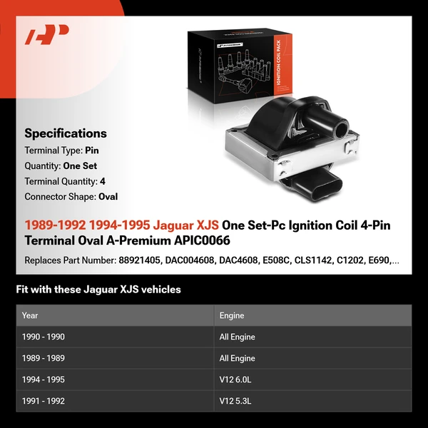 1989-1992 1994-1995 Jaguar XJS One Set-Pc Ignition Coil 4-Pin Terminal Oval A-Premium APIC0066