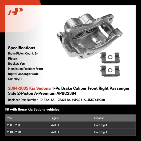 2004-2005 Kia Sedona 1-Pc Brake Caliper Front Right Passenger Side 2-Piston A-Premium APBC2384
