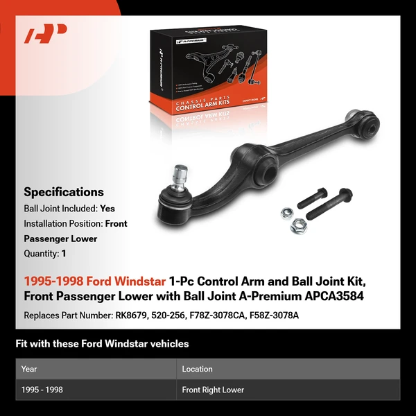 1995-1998 Ford Windstar 1-Pc Control Arm and Ball Joint Kit, Front Passenger Lower with Ball Joint A-Premium APCA3584
