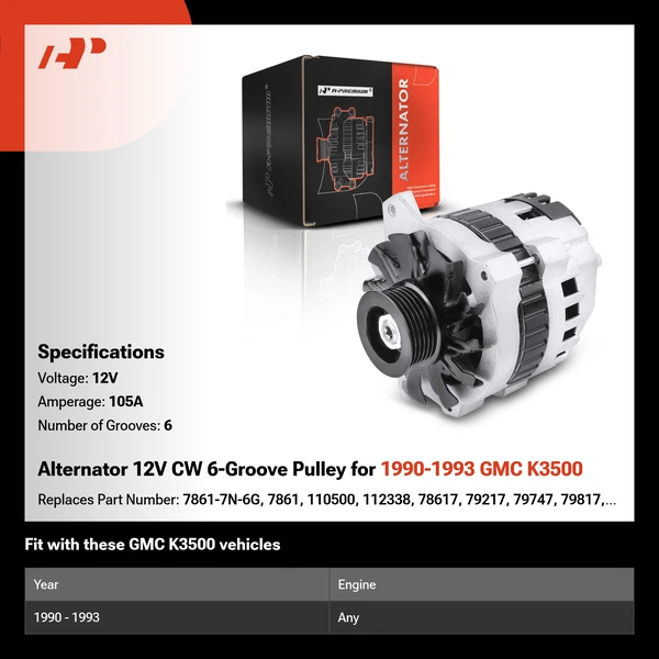 Alternator 12V CW 6-Groove Pulley for 1990-1993 GMC K3500