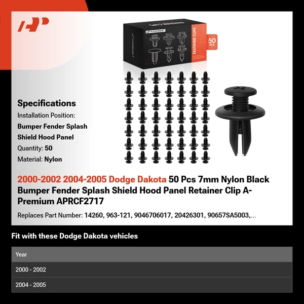 2000-2002 2004-2005 Dodge Dakota 50 Pcs 7mm Nylon Black Bumper Fender Splash Shield Hood Panel Retainer Clip A-Premium APRCF2717