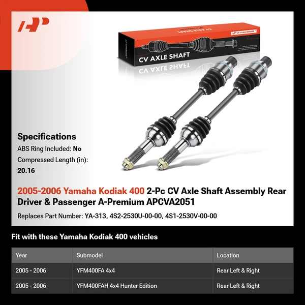 2005-2006 Yamaha Kodiak 400 2-Pc CV Axle Shaft Assembly Rear Driver & Passenger A-Premium APCVA2051