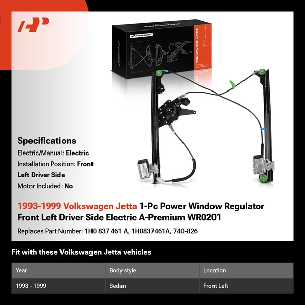 1993-1999 Volkswagen Jetta 1-Pc Power Window Regulator Front Left Driver Side Electric A-Premium WR0201
