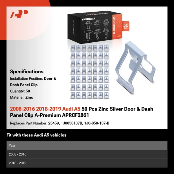 2008-2016 2018-2019 Audi A5 50 Pcs Zinc Silver Door & Dash Panel Clip A-Premium APRCF2861
