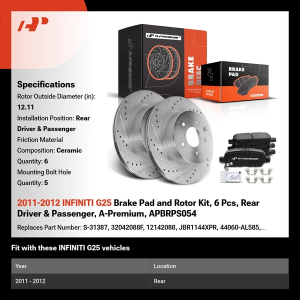 2011-2012 INFINITI G25 Brake Pad and Rotor Kit, 6 Pcs, Rear Driver & Passenger, A-Premium, APBRPS054