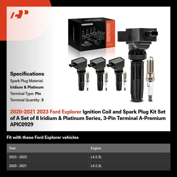 2020-2021 2023 Ford Explorer Ignition Coil and Spark Plug Kit Set of A Set of 8 Iridium & Platinum Series, 3-Pin Terminal A-Premium APIC0929