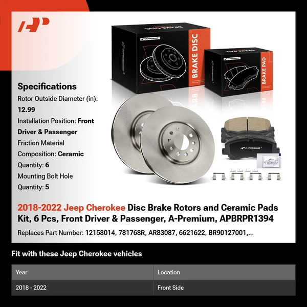 2018-2022 Jeep Cherokee Disc Brake Rotors and Ceramic Pads Kit, 6 Pcs, Front Driver & Passenger, A-Premium, APBRPR1394