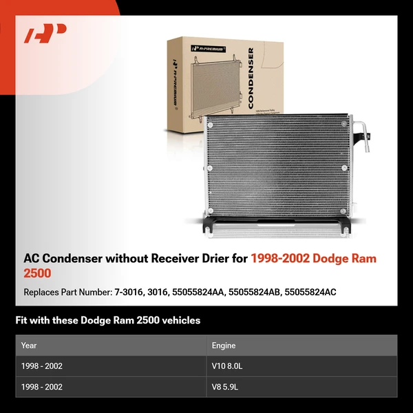 AC Condenser without Receiver Drier for 1998-2002 Dodge Ram 2500