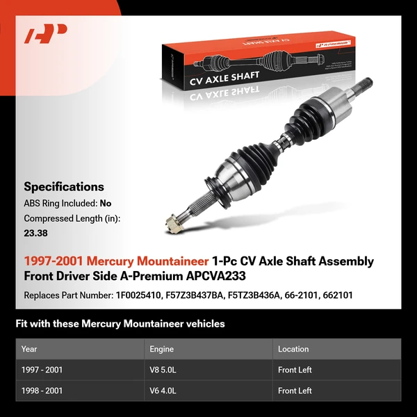 1997-2001 Mercury Mountaineer 1-Pc CV Axle Shaft Assembly Front Driver Side A-Premium APCVA233