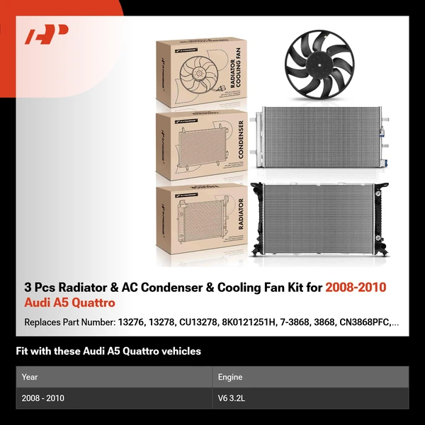 3 Pcs Radiator & AC Condenser & Cooling Fan Kit for 2008-2010 Audi A5 Quattro
