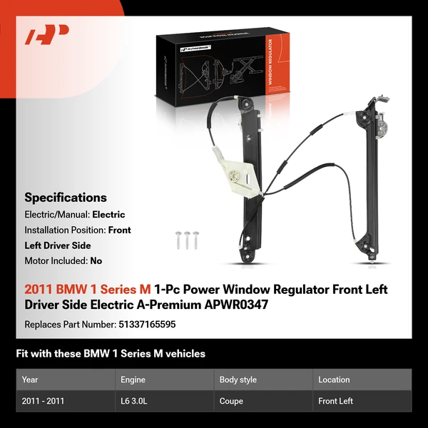 2011 BMW 1 Series M 1-Pc Power Window Regulator Front Left Driver Side Electric A-Premium APWR0347