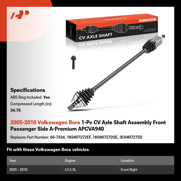 2005-2010 Volkswagen Bora 1-Pc CV Axle Shaft Assembly Front Passenger Side A-Premium APCVA940