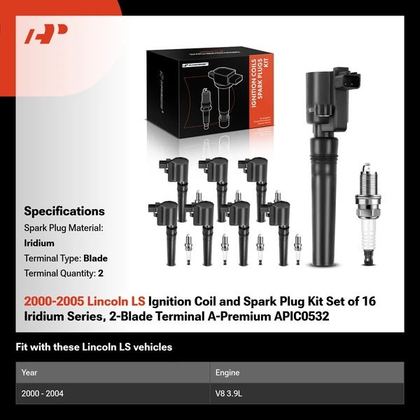 2000-2005 Lincoln LS Ignition Coil and Spark Plug Kit Set of 16 Iridium Series, 2-Blade Terminal A-Premium APIC0532