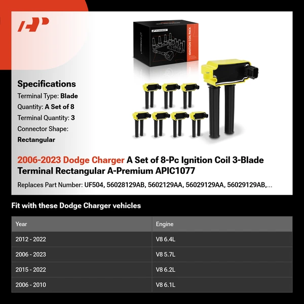 2006-2023 Dodge Charger A Set of 8-Pc Ignition Coil 3-Blade Terminal Rectangular A-Premium APIC1077