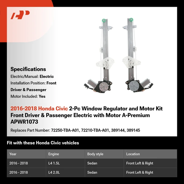 2016-2018 Honda Civic 2-Pc Window Regulator and Motor Kit Front Driver & Passenger Electric with Motor A-Premium APWR1073