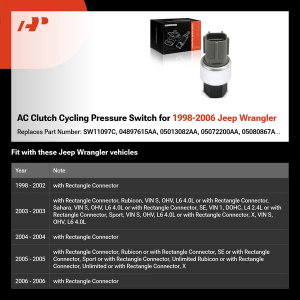 AC Clutch Cycling Pressure Switch for 1998-2006 Jeep Wrangler