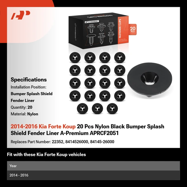 2014-2016 Kia Forte Koup 20 Pcs Nylon Black Bumper Splash Shield Fender Liner A-Premium APRCF2051