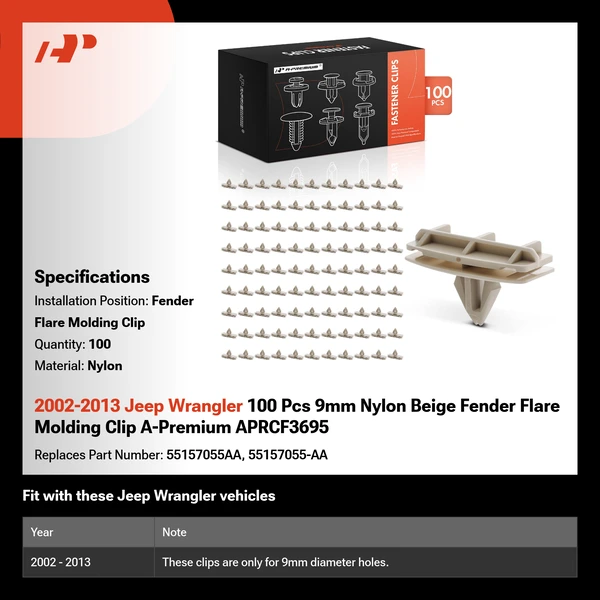 2002-2013 Jeep Wrangler 100 Pcs 9mm Nylon Beige Fender Flare Molding Clip A-Premium APRCF3695