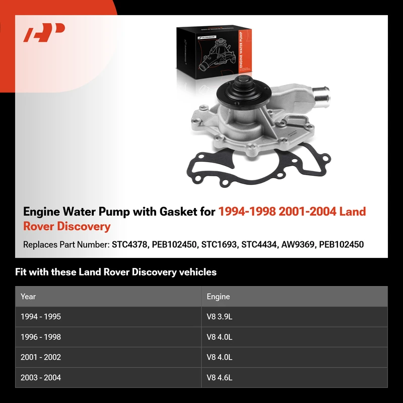 Engine Water Pump with Gasket for 1994-1998 2001-2004 Land Rover Discovery