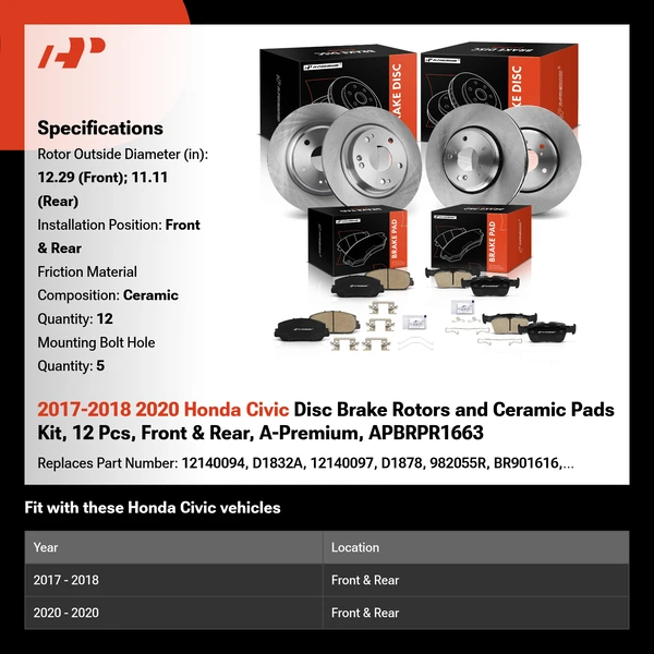 2017-2018 2020 Honda Civic Disc Brake Rotors and Ceramic Pads Kit, 12 Pcs, Front & Rear, A-Premium, APBRPR1663