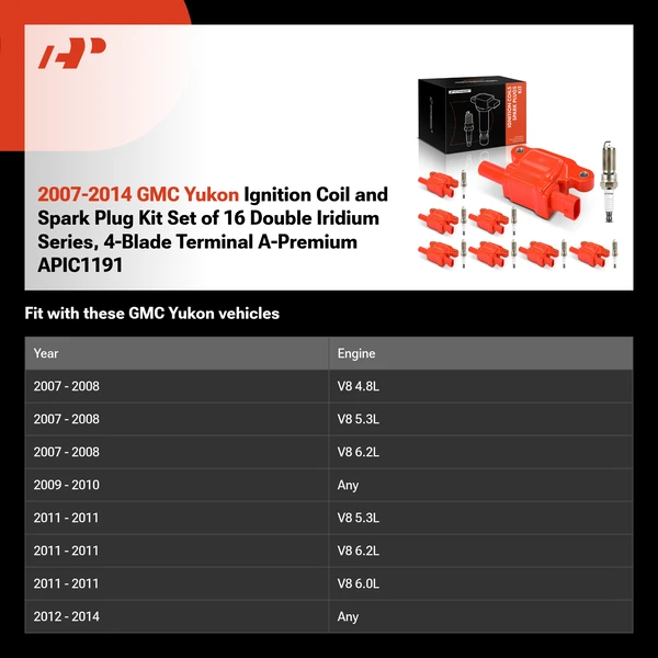 2007-2014 GMC Yukon Ignition Coil and Spark Plug Kit Set of 16 Double Iridium Series, 4-Blade Terminal A-Premium APIC1191