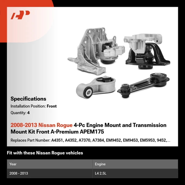 2008-2013 Nissan Rogue 4-Pc Engine Mount and Transmission Mount Kit Front A-Premium APEM175
