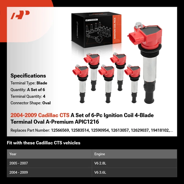2004-2009 Cadillac CTS A Set of 6-Pc Ignition Coil 4-Blade Terminal Oval A-Premium APIC1216