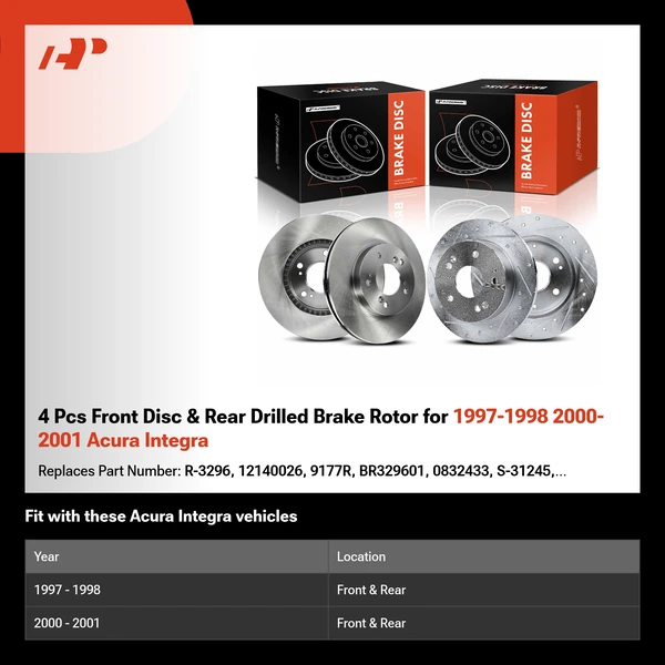 4 Pcs Front Disc & Rear Drilled Brake Rotor for 1997-1998 2000-2001 Acura Integra