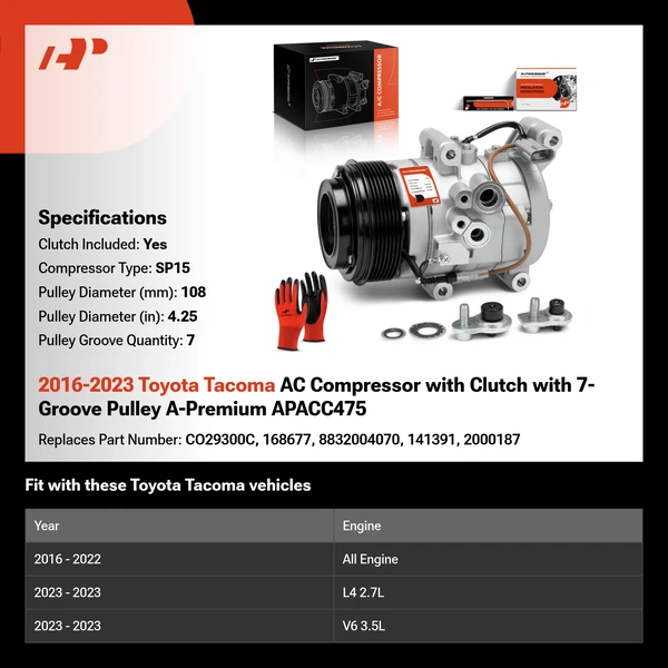 2016-2023 Toyota Tacoma AC Compressor with Clutch with 7-Groove Pulley A-Premium APACC475