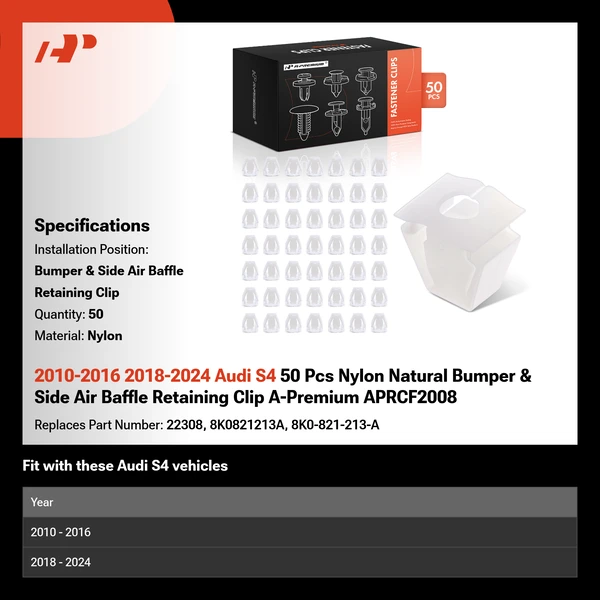 2010-2016 2018-2024 Audi S4 50 Pcs Nylon Natural Bumper & Side Air Baffle Retaining Clip A-Premium APRCF2008