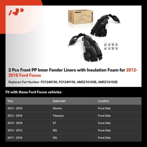 2 Pcs Front PP Inner Fender Liners with Insulation Foam for 2012-2018 Ford Focus