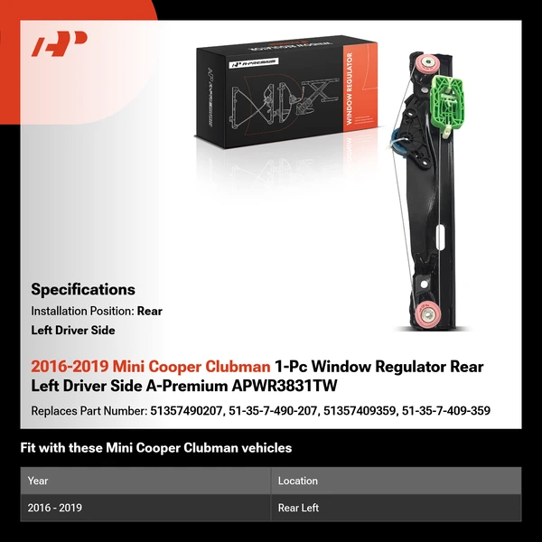 2016-2019 Mini Cooper Clubman 1-Pc Window Regulator Rear Left Driver Side A-Premium APWR3831TW