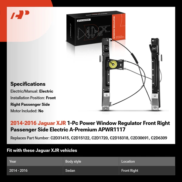 2014-2016 Jaguar XJR 1-Pc Power Window Regulator Front Right Passenger Side Electric A-Premium APWR1117