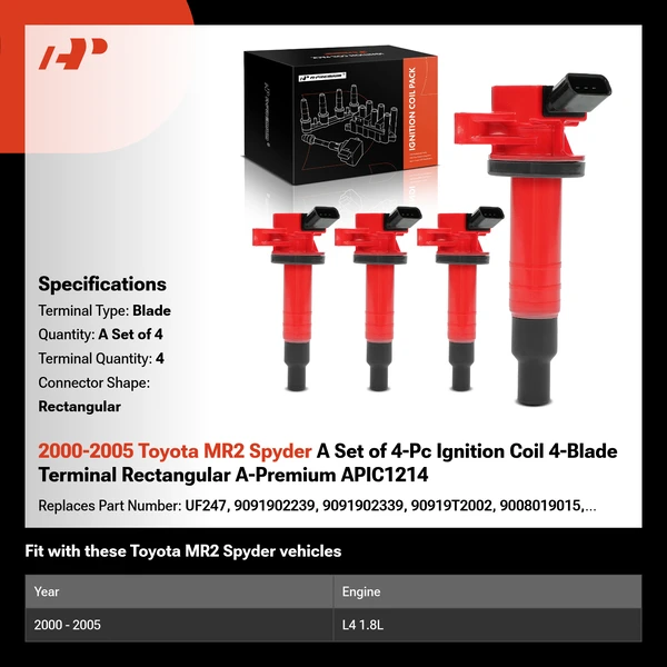 2000-2005 Toyota MR2 Spyder A Set of 4-Pc Ignition Coil 4-Blade Terminal Rectangular A-Premium APIC1214