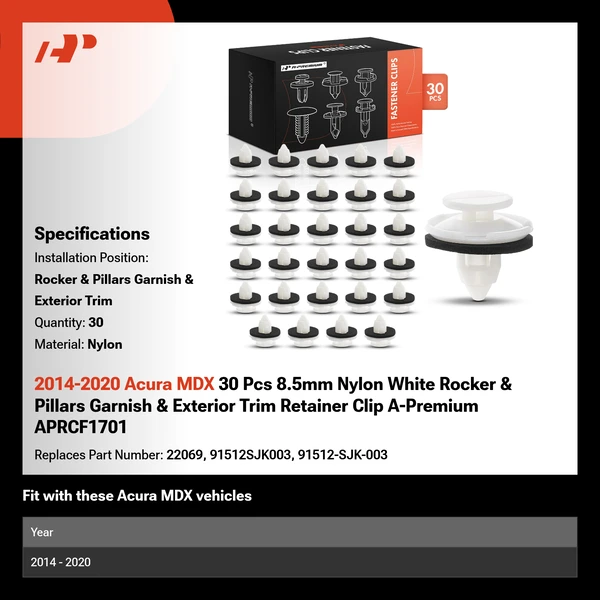 2014-2020 Acura MDX 30 Pcs 8.5mm Nylon White Rocker & Pillars Garnish & Exterior Trim Retainer Clip A-Premium APRCF1701