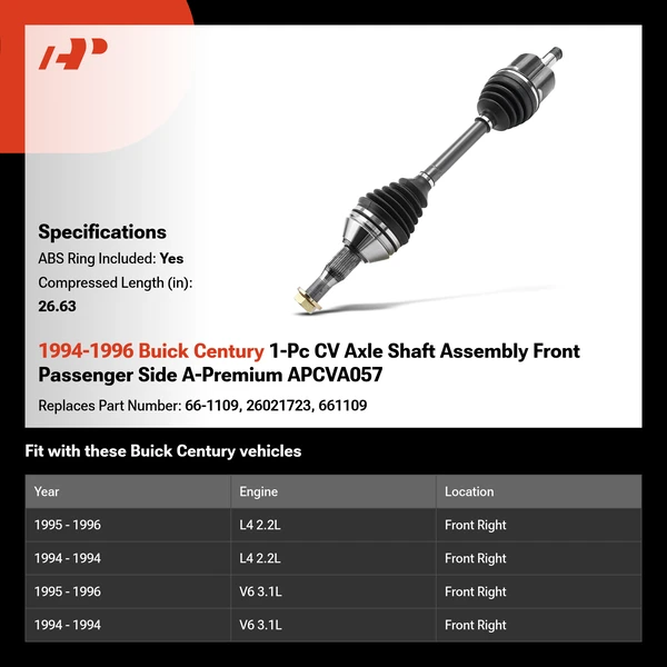 1994-1996 Buick Century 1-Pc CV Axle Shaft Assembly Front Passenger Side A-Premium APCVA057