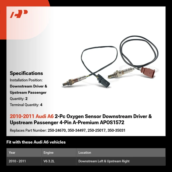 2010-2011 Audi A6 2-Pc Oxygen Sensor Downstream Driver & Upstream Passenger 4-Pin A-Premium APOS1572